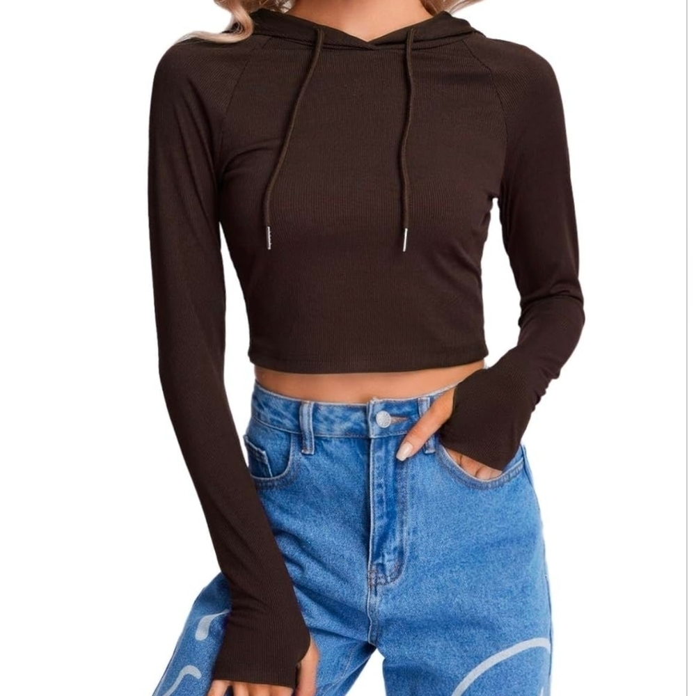 Brown Ribbed Long Sleeve Ribbed Cropped Hoodie w Thumbholes- XL